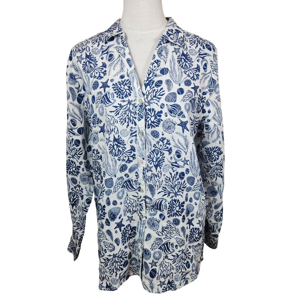 Sigrid Olsen Womens Top Blue White Coral Sea Life Print 100% Linen Button Down L - Picture 2 of 9